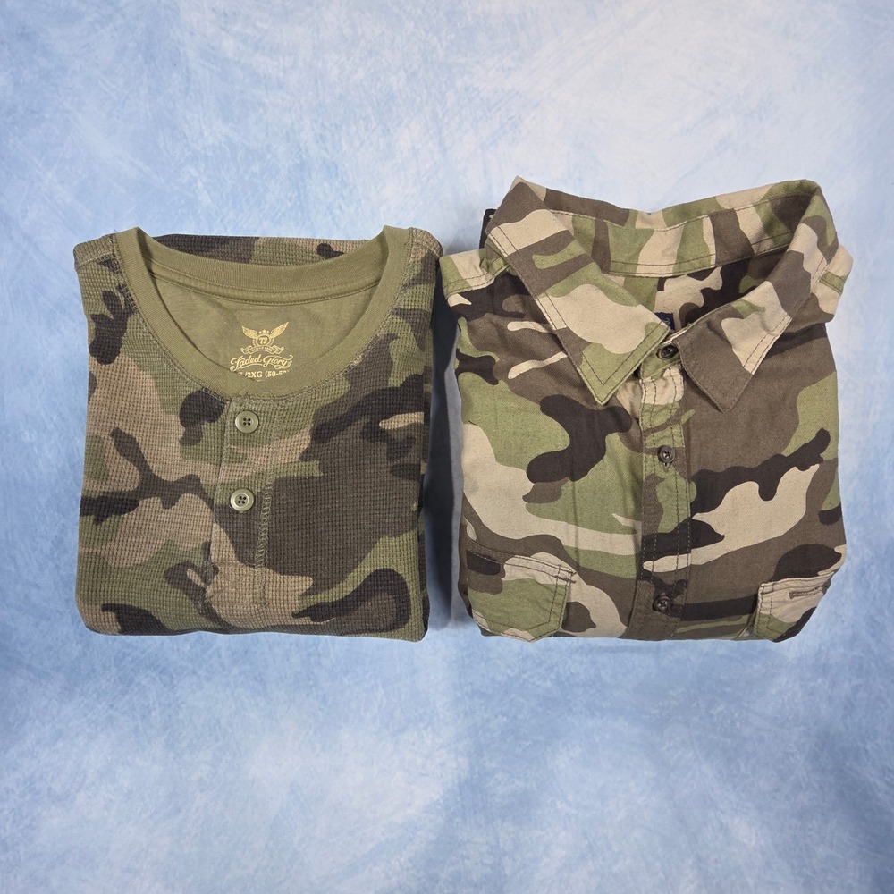 Faded Glory Mens Camo Shirt Lot 2XL Thermal Henley & Button Down Flannel 2 Pack